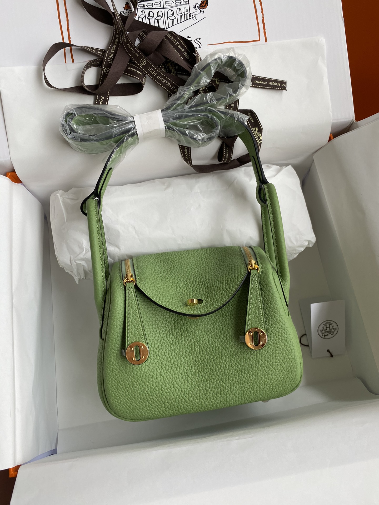 Hermes Mini Lindy 19cm Handbag Shoulder Bag In Green Kiwi Clemence Leather